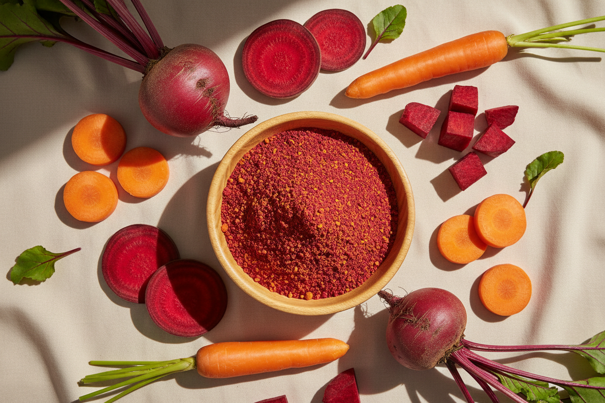 A premium top-view photograph of a wooden bowl filled with bright red beetroot and orange carrot mix powder. Around the bowl, place fresh beetroot slices, whole beetroots, and carrots and pieces. Clean soft beige background, natural sunlight shadows,. Modern, clean, professional, health product style.