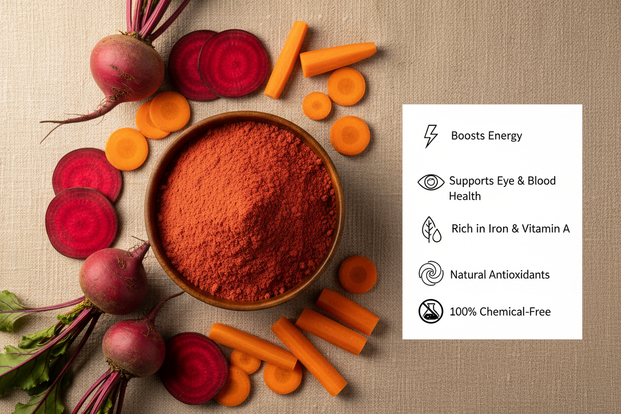 A premium top-view photograph of a wooden bowl filled with bright red beetroot & orange carrot mix powder. Surround the bowl with fresh beetroot slices, whole beetroots, and carrots and sticks on a beige background. On the right side, clean minimal icons with text:
* Boosts Energy
* Supports Eye & Blood Health
* Rich in Iron & Vitamin A
* Natural Antioxidants
* 100% Chemical-Free.
Soft shadows, warm lighting, professional product photo style.”