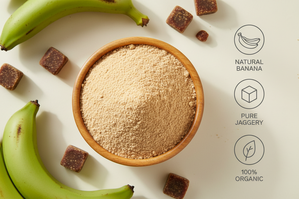 “A premium top-view photograph showing a wooden bowl filled with fine, light-brown Banana & Jaggery Mix Powder. Around the bowl, place a few raw bananas and small jaggery cubes. On the right half of the image, add clean minimal icons with text: