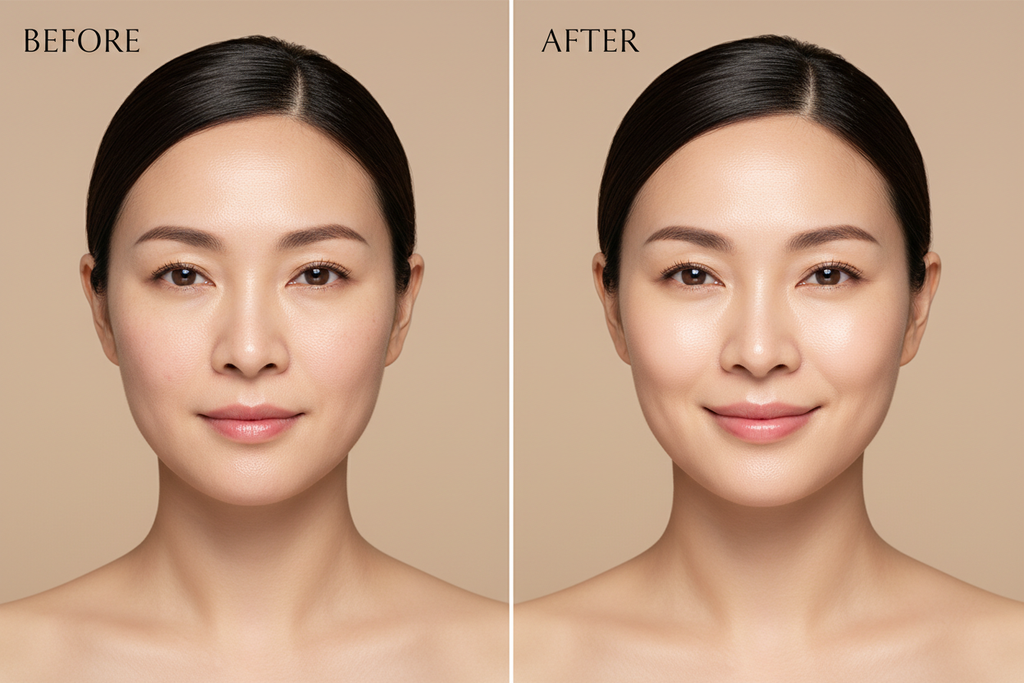 Create a premium “Before → After Glow” skincare image for a beetroot face pack. Show a woman’s face in a clean, front-facing view. Split the image into two halves:
Left side – BEFORE:
* Slight dullness
* Uneven tone
* Light pigmentation
* Natural expression, no smiling
* Soft neutral lighting
Right side – AFTER:
* Healthy natural glow, brighter skin
* Even skin tone, smooth texture
* Slight smile, fresh and confident
* Dewy, radiant finish (not over-edited)
Background should be soft beige or light cream. Ad