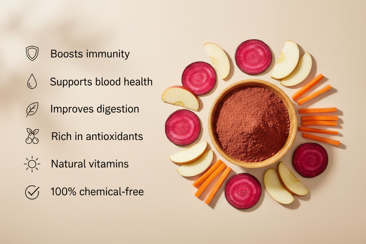 Create a premium “BENEFITS – ABC MIX POWDER” image. Soft beige background. Left side: clean benefits list with small icons: Boosts immunity; Supports blood health; Improves digestion; Rich in antioxidants; Natural vitamins; 100% chemical-free. Right side: wooden bowl filled with ABC powder color is 80 % red  with apple, beetroot, and carrot slices arranged neatly. Minimal, clean, no jars, no branding.