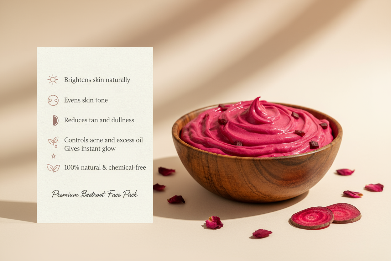 Create a premium “BENEFITS – BEETROOT FACE PACK” image. Beige or off-white background. On the right side show a wooden bowl filled with smooth beetroot face pack paste. On the left side, add a clean modern list of benefits with small elegant icons:
* Brightens skin naturally
* Evens skin tone
* Reduces tan and dullness
* Controls acne and excess oil
* Gives instant glow
* 100% natural & chemical-free
Minimal, luxurious, soft shadows, no faces, no jars.