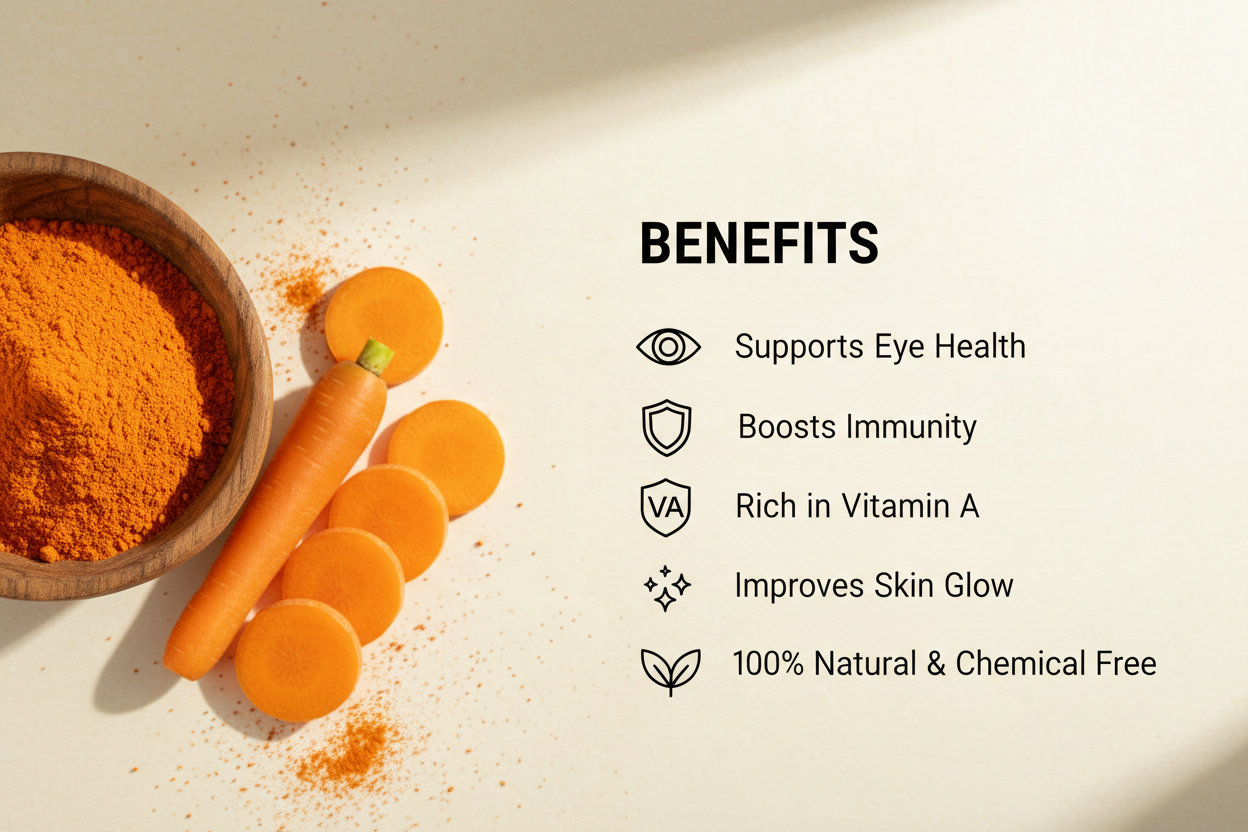 Create a premium benefits image for “Carrot Powder”.  
Left side: wooden bowl filled with fine orange carrot powder + fresh carrot slices.  
Right side: clean minimal text:

BENEFITS
* Supports Eye Health
* Boosts Immunity
* Rich in Vitamin A
* Improves Skin Glow
* 100% Natural & Chemical Free Use a soft cream background with modern icons.  
Look professional, clean, and organic. No jars