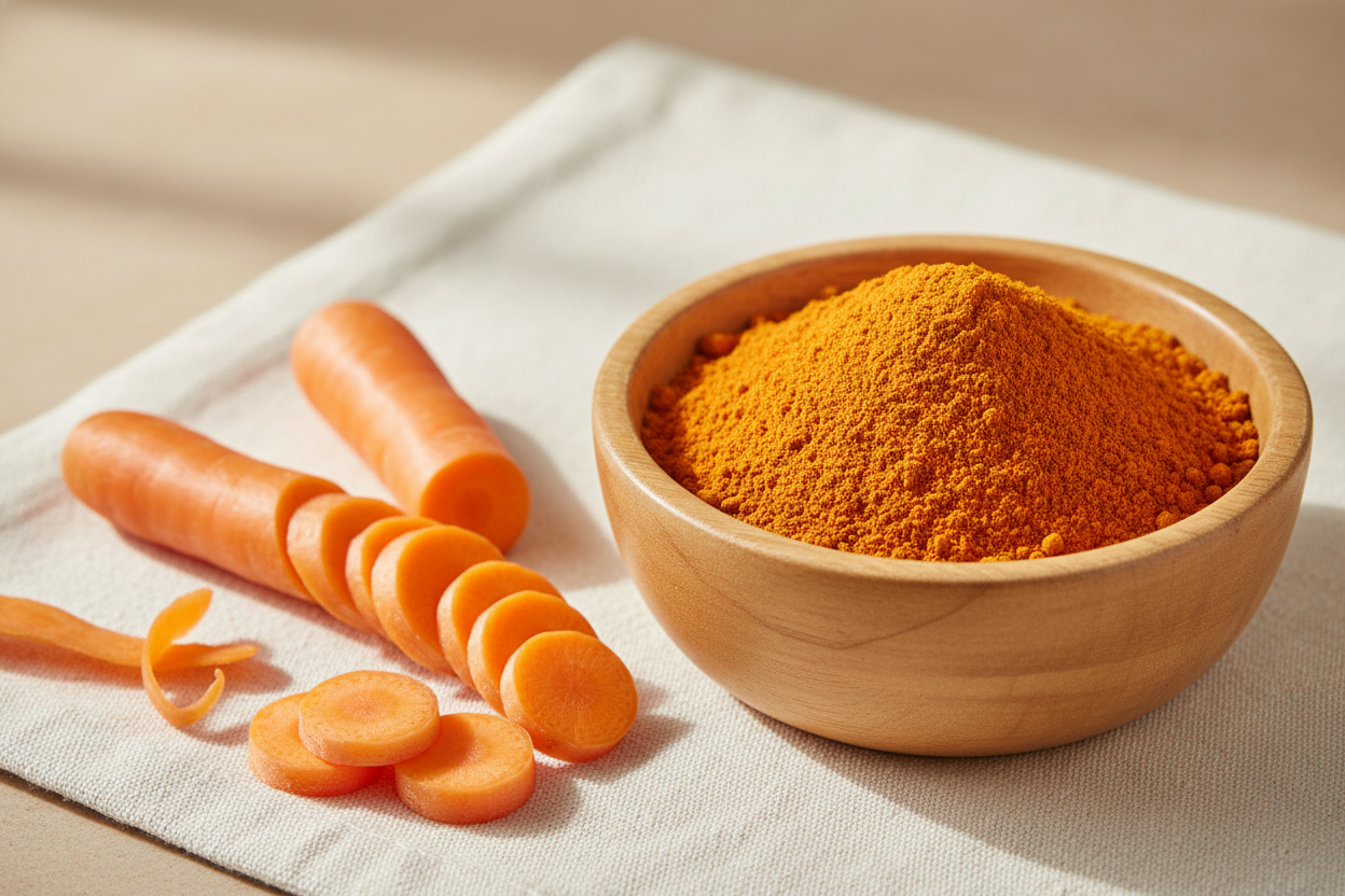 Create a premium hero image for “Carrot Powder”.  
Show a wooden bowl filled with smooth fine carrot powder in a natural warm orange shade.  
Place fresh carrots sliced neatly beside the bowl.  
Use soft cream or beige background with natural lighting.  
Make the composition clean, modern, minimal, and premium.  
No jars, no text, no shadows that look artificial.  
Only fresh carrots + pure carrot powder in a wooden bowl.  
Make the powder smooth, fine, bright natural orange.