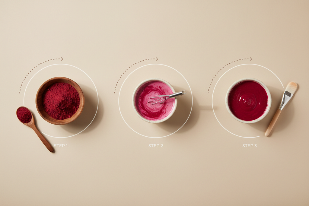Create a premium “HOW TO USE – BEETROOT FACE PACK” image. 
Show 3 small circles with steps:
1) Pick: wooden bowl with beetroot powder and a spoon.
2) Mix: beetroot powder mixing with milk, curd, or water in a small bowl.
3) Apply: smooth paste ready to apply with a brush.
Soft beige background, dotted arrows between steps, no face, no branding, clean minimal style.
