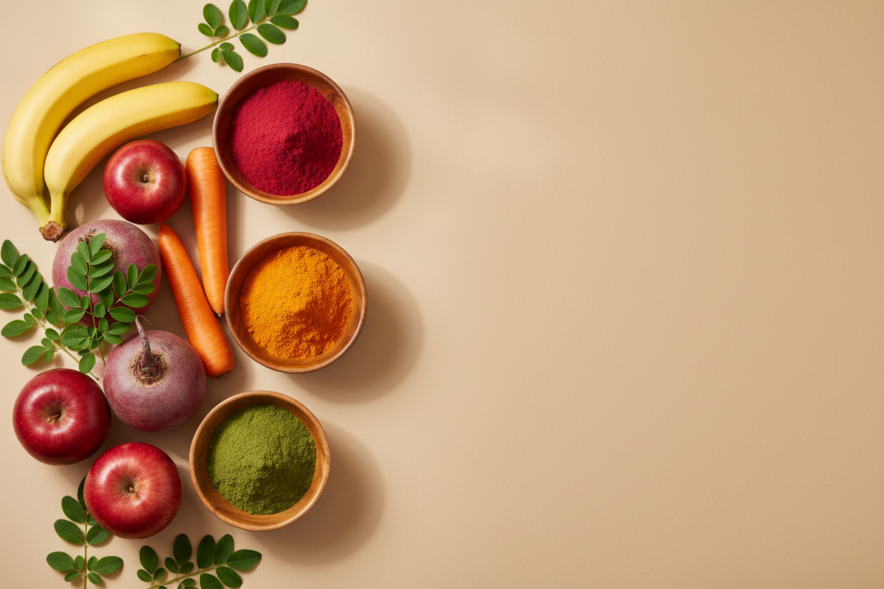 Create a premium minimal top-view hero image. 
Use a soft beige background with warm natural lighting. 
Place fresh natural ingredients neatly arranged: apples, bananas, beetroots, carrots, and moringa leaves. 
Include 3–4 wooden bowls filled with colorful powders (red beetroot powder, orange carrot powder, green moringa powder).
Leave the entire right side clean and empty for text placement.
No text inside the image. 
Aesthetic, luxury, clean composition.