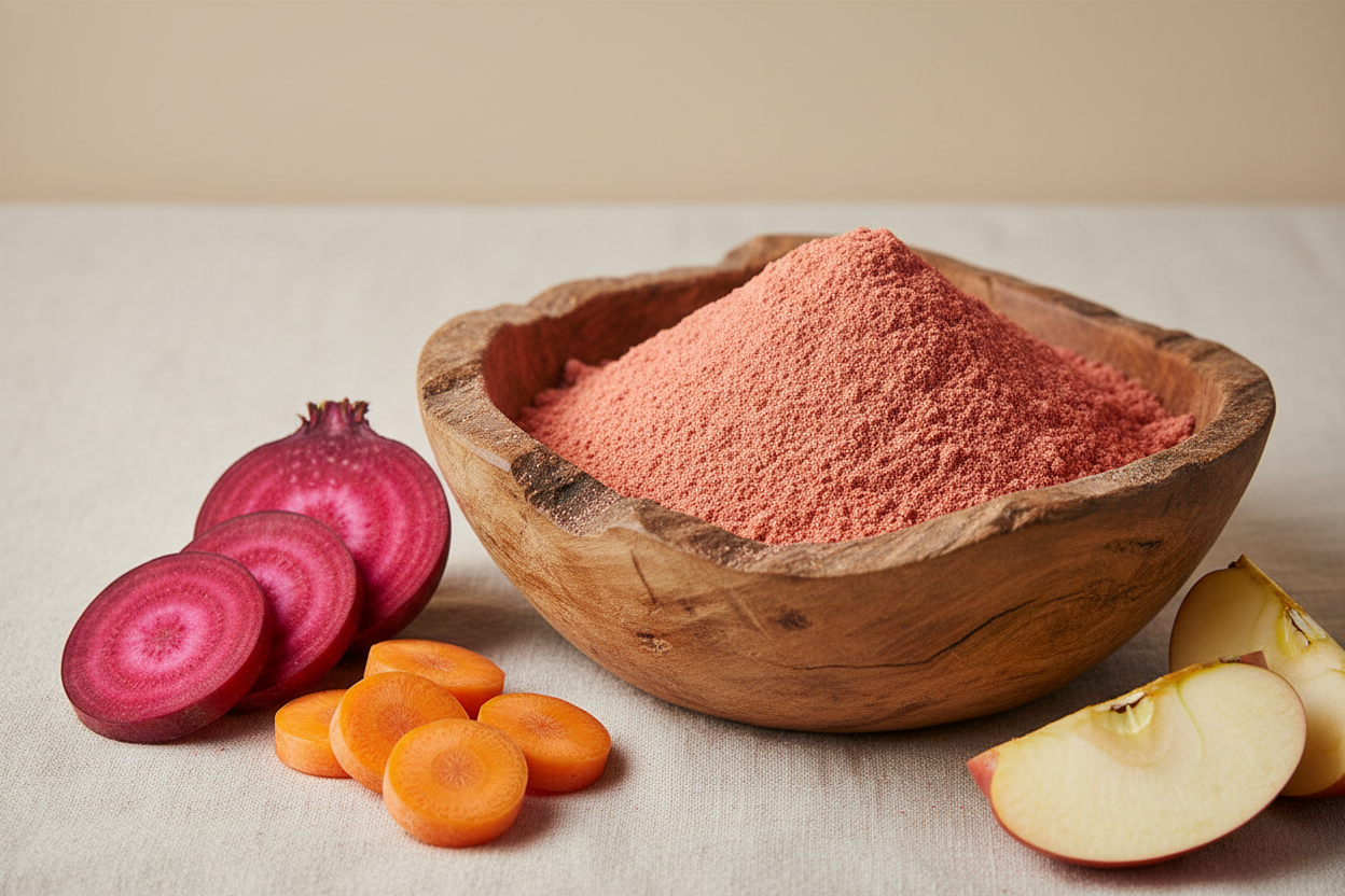 Create a premium product image for “ABC Mix Powder”. Show a wooden bowl filled with soft red powder (a natural blend of beetroot red and carrot orange with apple off-white). Powder must be clearly light orange-pink, not white. Place fresh apple slices, beetroot slices, and carrot pieces neatly beside the bowl. Use a soft beige background, natural lighting, and a clean minimal look.