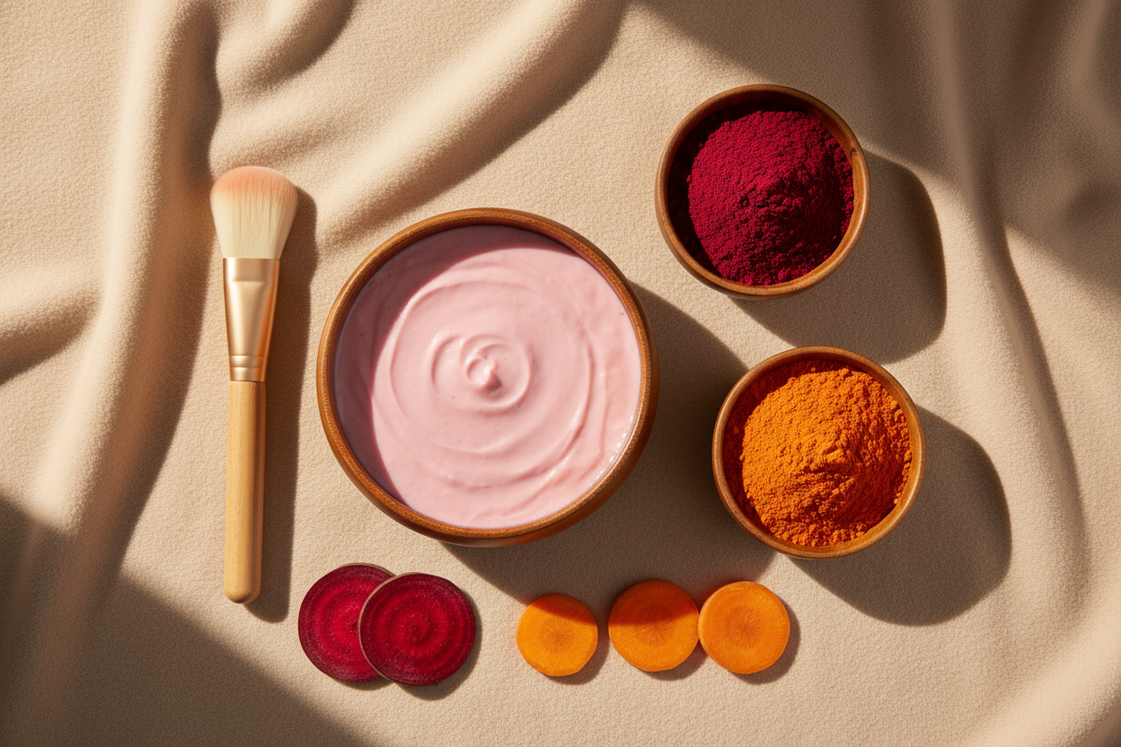 Create a premium top-view skincare image showing a wooden bowl with a smooth pink face pack made from beetroot powder and carrot powder. 
Next to it, place two small wooden bowls: one with beetroot powder (deep red) and one with carrot powder (bright orange). 
Add a clean small face-pack brush beside the bowl. 
Place a few fresh beetroot slices and carrot pieces next to the powders. 
Use a soft beige background with warm natural lighting. 
Do not scatter powder; keep the layout neat, minimal, and premium. 
