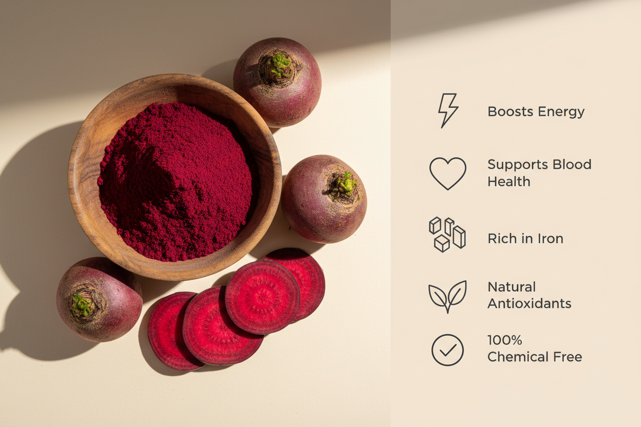 Create a professional product benefits image for “Sri Ras Naturals – Beetroot Powder” without using any jar. Show a wooden bowl filled with beetroot powder and fresh beetroot slices. On the right side, place clean minimal icons with short labels: “Boosts Energy”, “Supports Blood Health”, “Rich in Iron”, “Natural Antioxidants”, “100% Chemical Free”. Use a soft beige or pastel cream background with elegant natural lighting. No jar, no heavy text—just clean and premium.