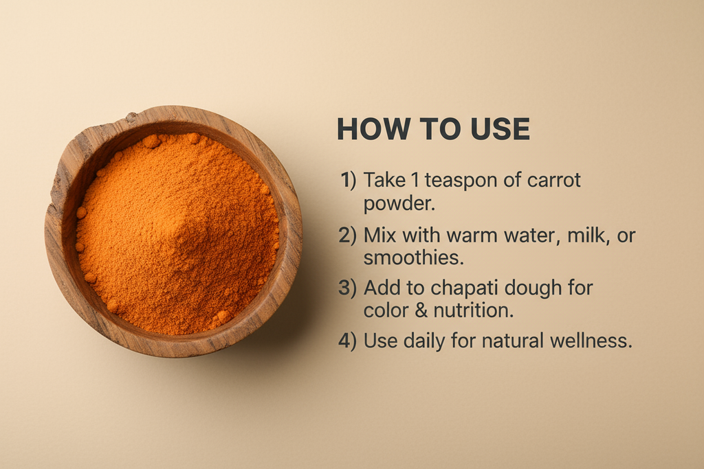 Create a single clean image for “How to Use – Carrot Powder orange colour”.  
Left side: a wooden bowl with smooth orange carrot powder.  
Right side: simple text in clean layout:

HOW TO USE
1) Take 1 teaspoon of carrot powder.
2) Mix with warm water, milk, or smoothies.
3) Add to chapati dough for color & nutrition.
4) Use daily for natural wellness.

Use soft beige background, premium lighting, no jars, no extra decoration