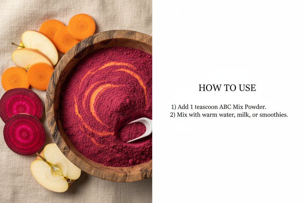 Create a single premium image for “ABC Mix Powder”. 
Left side: a wooden bowl filled with smooth fine powder in a deep pinkish-red shade (70% beetroot red, 20% carrot orange, 10% apple cream). Make sure the powder looks soft, smooth and uniform, not flakes. 
Place clean beetroot slices, carrot slices, and apple slices neatly beside the bowl.
Right side: clean minimal white space with simple text:
HOW TO USE
1) Add 1 teaspoon ABC Mix Powder.
2) Mix with warm water, milk, or smoothies.