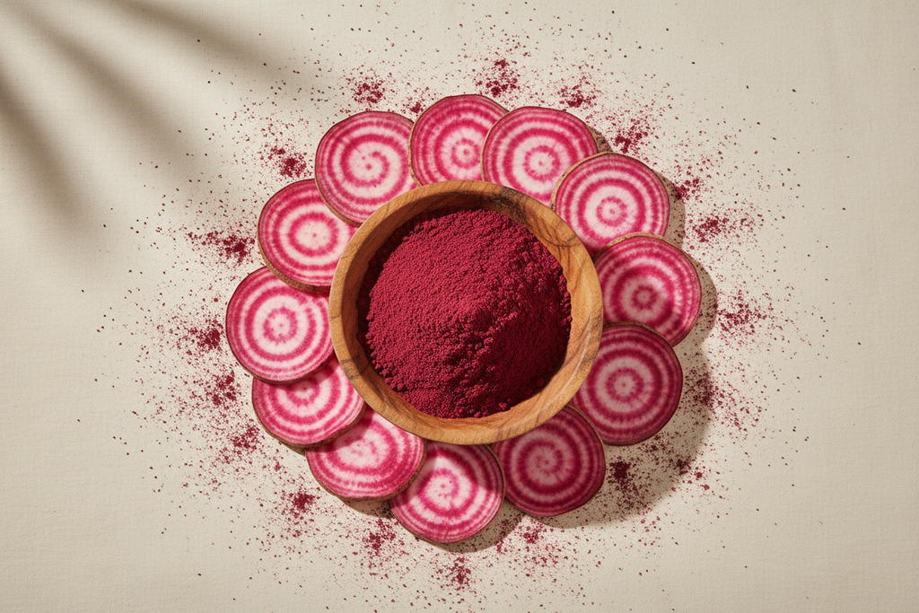 Create a top-view premium organic image for beetroot powder. Include a wooden bowl of beetroot powder, fresh sliced beetroot, and a light powder texture around them. Use soft cream-beige background with subtle shadows. Keep the look minimal, natural, and luxury brand style. No jars, no labels, no text.