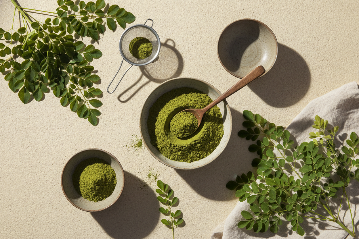 Premium flatlay of moringa leaf powder with bowls, fresh moringa leaves, wooden spoon filled with powder, clean beige background, natural lighting, soft shadows, wellness and organic product style, professional look.