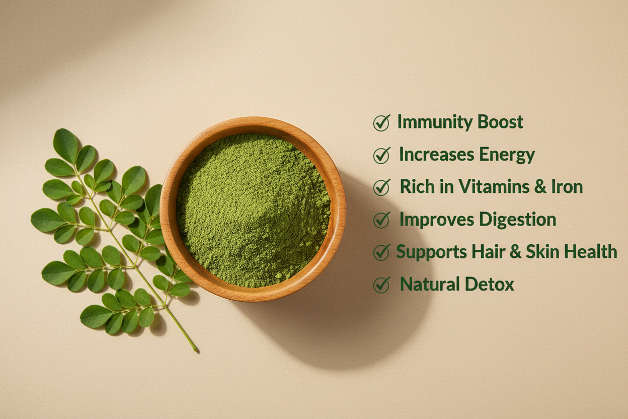 “Premium product photo of green Moringa Leaf Powder in a wooden bowl, fresh moringa leaves placed neatly beside it, soft natural lighting, beige background, clean composition. On the right side, stylish text list: ‘✔ Immunity Boost, ✔ Increases Energy, ✔ Rich in Vitamins & Iron, ✔ Improves Digestion, ✔ Supports Hair & Skin Health, ✔ Natural Detox’. Minimal, modern, high-quality wellness branding style.”