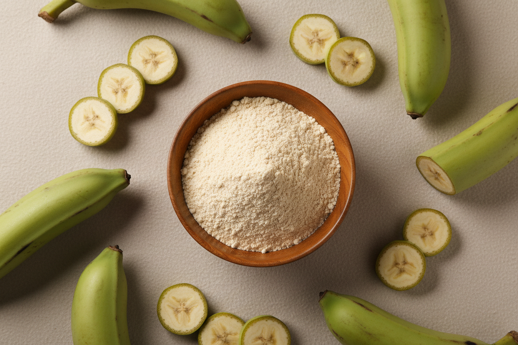 “Premium top-view composition of raw banana powder in a natural wooden bowl, placed on a clean soft beige background. Fresh raw bananas and slices arranged aesthetically around the bowl. Soft natural lighting, gentle shadows, high-resolution product photography style, minimal and premium look for ecommerce. No text.”