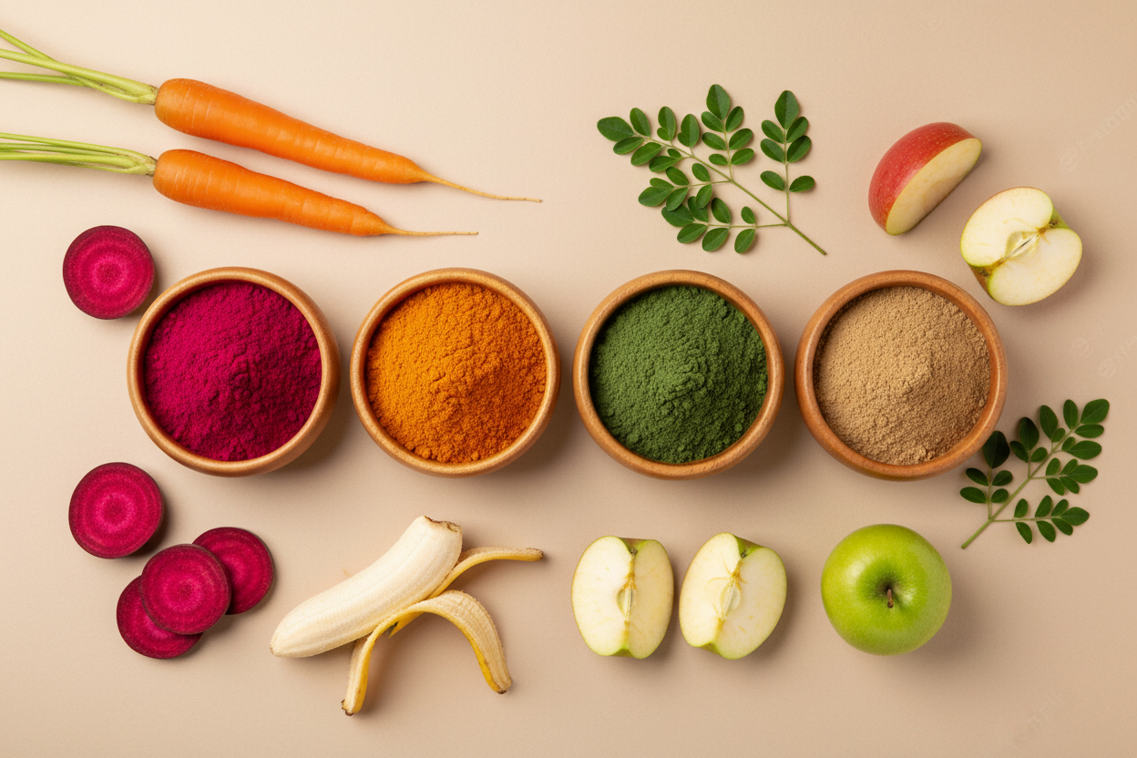 “Premium top-view natural powders banner.
Four wooden bowls —
1st bowl: beetroot powder
2nd bowl: carrot powder
3rd bowl: moringa powder
4th bowl: ABC mix powder (powder form only, no grains).
Around bowls: fresh carrots, beetroot slices, bananas, apples, moringa leaves.
Soft beige background, premium clean lighting, no scattered powder.” sutible size for desktop and mobile 