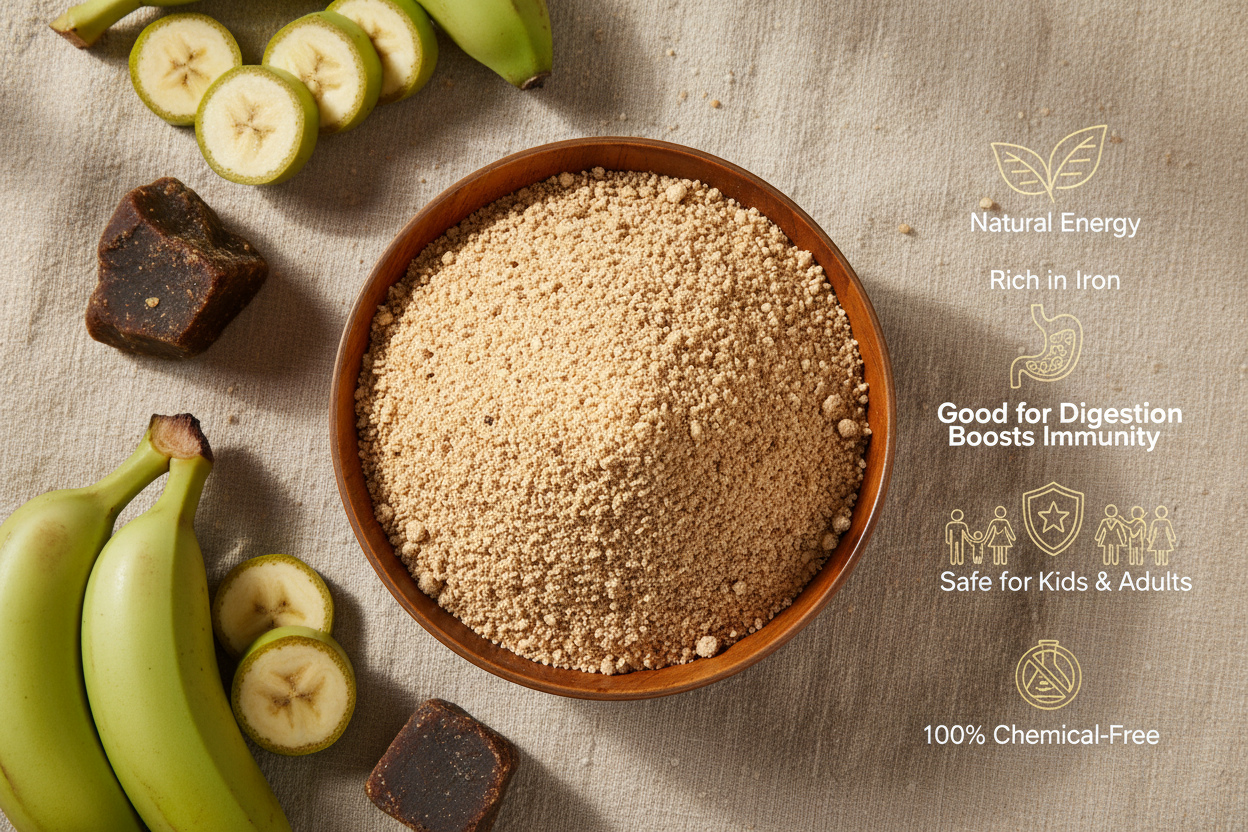 Top-view image of a wooden bowl filled with fine banana and jaggery mix powder on a beige natural background, surrounded by raw bananas, jaggery blocks, and subtle soft shadows. On the right side, clean minimal icons with text: ‘Natural Energy’, ‘Rich in Iron’, ‘Good for Digestion’, ‘Boosts Immunity’, ‘Safe for Kids & Adults’, ‘100% Chemical-Free’. Premium lighting, clean, aesthetic, modern wellness product style."