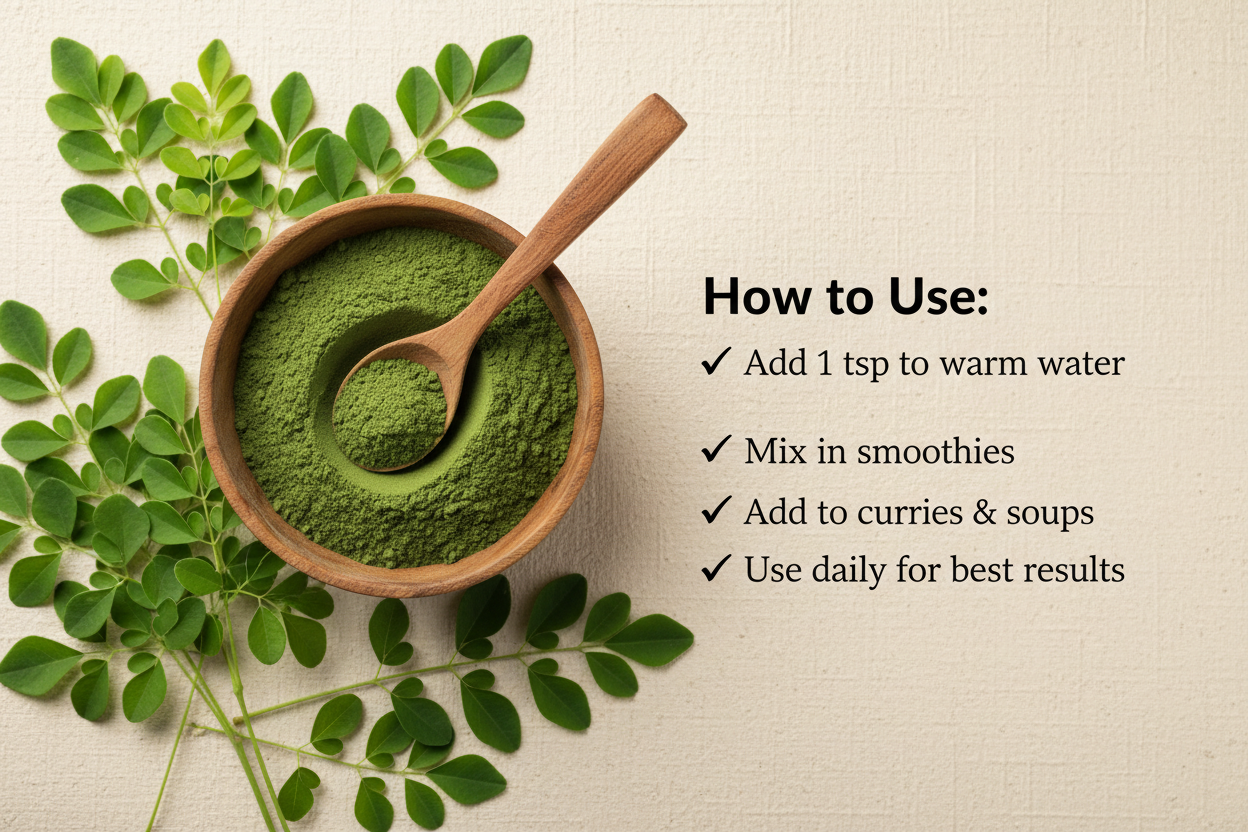 Top-view premium photo of Moringa Leaf Powder in a wooden bowl with a small wooden spoon, fresh moringa leaves around it, clean beige background. On the right side, simple instructions text: ‘How to Use: ✔ Add 1 tsp to warm water ✔ Mix in smoothies ✔ Add to curries & soups ✔ Use daily for best results’. Modern, minimal, natural wellness design.”